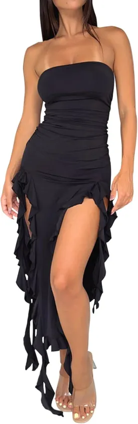 Balimtoy Women's Y2k Strapless Ruffle Bodycon Maxi Dress Tube Top Ruched Split Thigh Formal Club Party Long Dresses