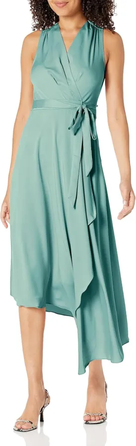 BCBGMAXAZRIA Women's Fit and Flare Asymmetrical Hem Tie Belt Midi Wrap Dress