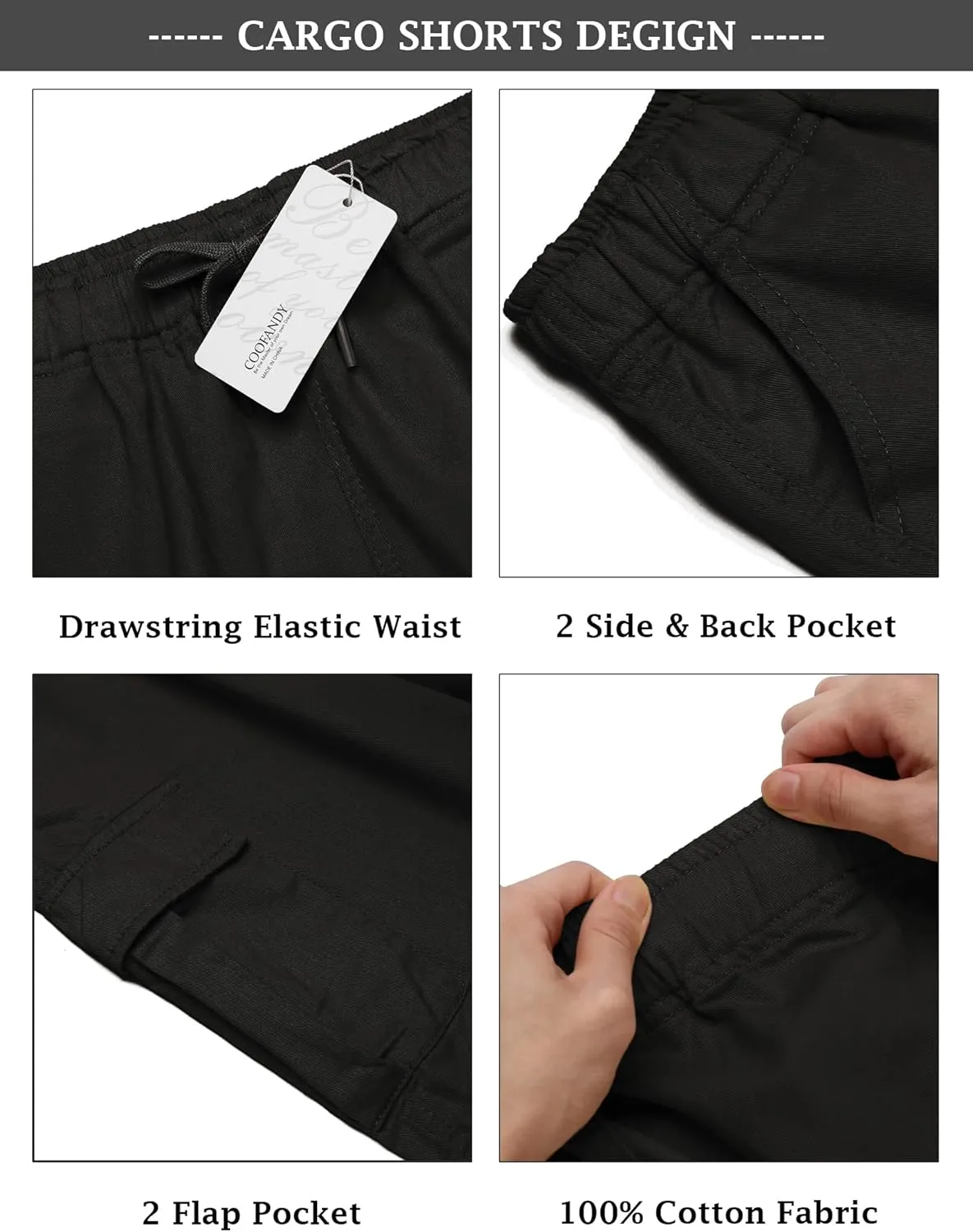 COOFANDY Men's Cargo Shorts Elastic Waist Relaxed Fit Cotton Casual Outdoor Lightweight Work Shorts with Multi Pockets