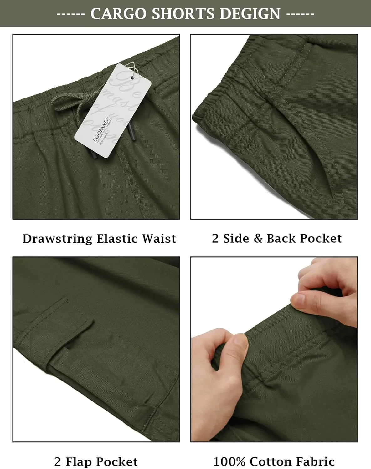 COOFANDY Men's Cargo Shorts Elastic Waist Relaxed Fit Cotton Casual Outdoor Lightweight Work Shorts with Multi Pockets