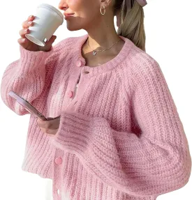 FindThy Womens Chunky Knit Cardigan Long Sleeve Button Down Crewneck Fall Sweater Coat