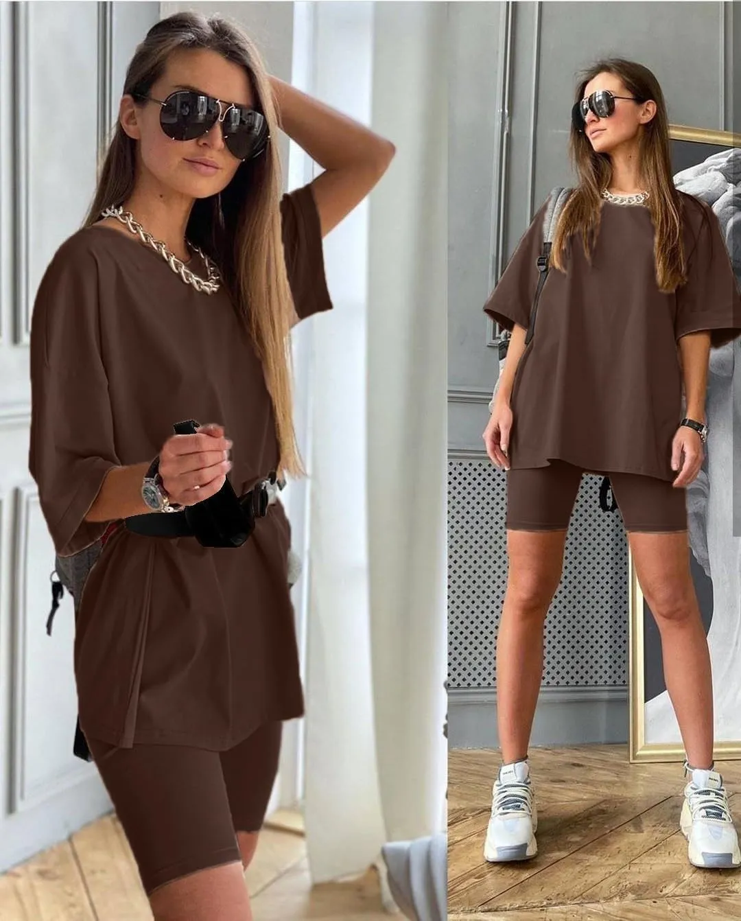 Glamaker Women 2 Piece Outfit sets Casual Oversized T-Shirt Tops Biker Shorts Workout Sports Tracksuit