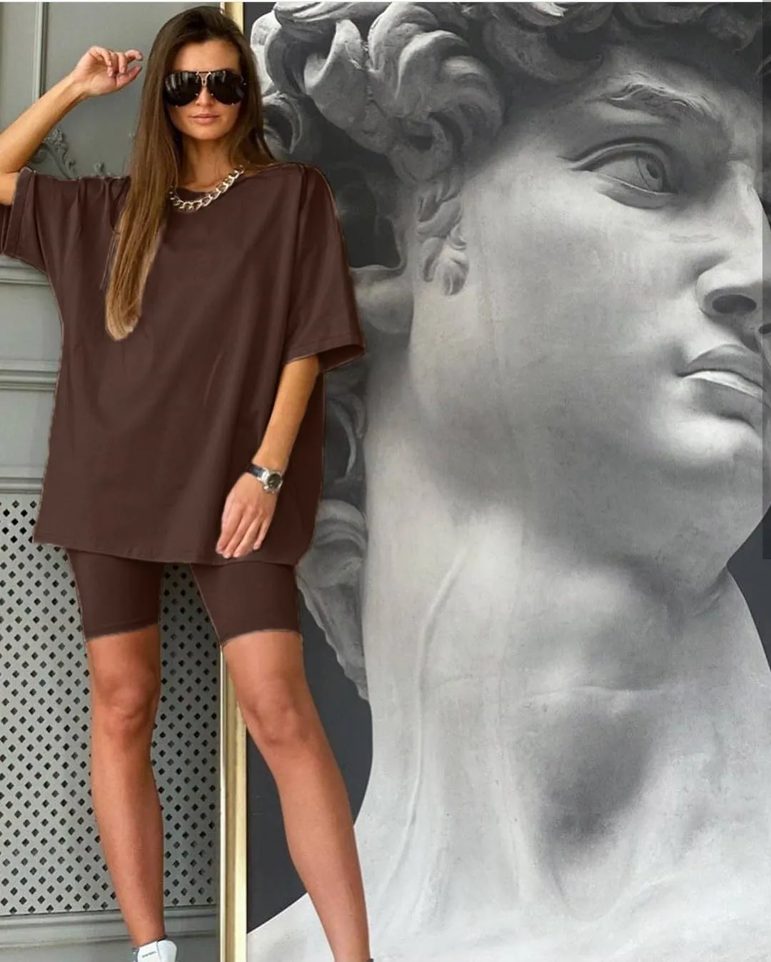 Glamaker Women 2 Piece Outfit sets Casual Oversized T-Shirt Tops Biker Shorts Workout Sports Tracksuit