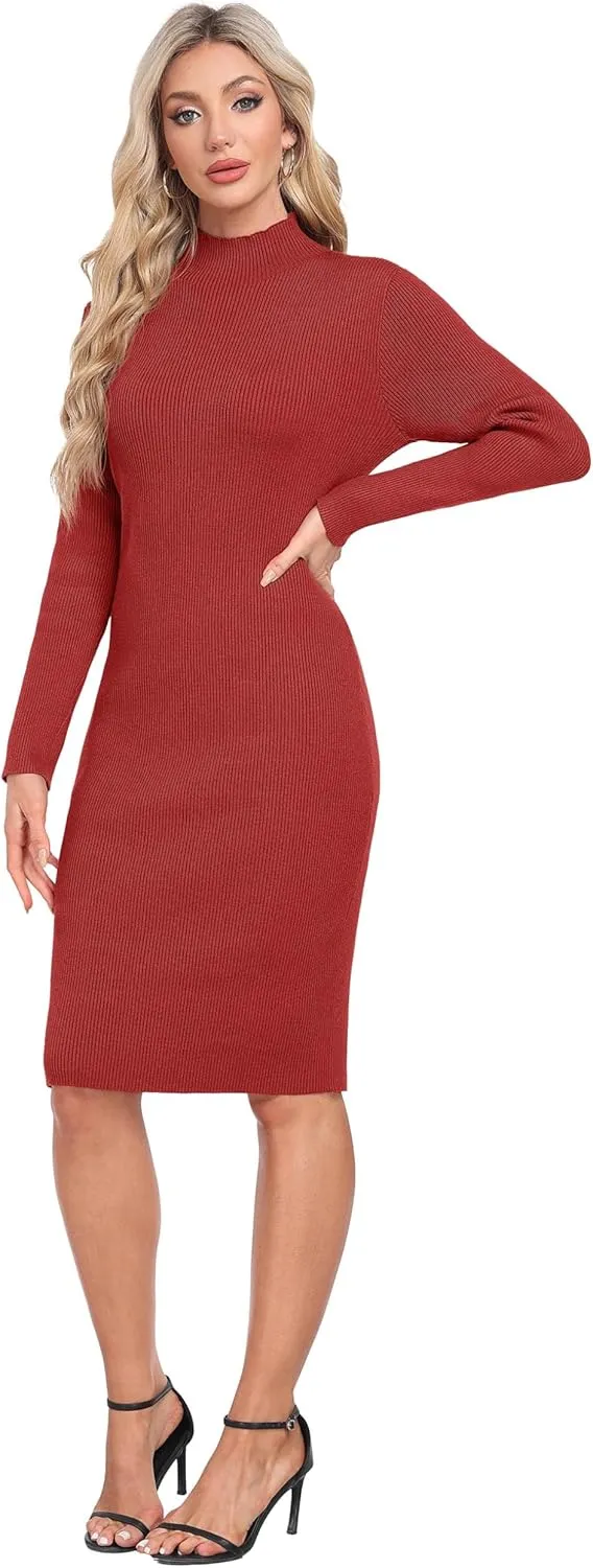 GRECERELLE Womens 2025 Fall & Winter Outfits Sweater Dress Mock Neck Long Sleeve Slim Fit Ribbed Knit Bodycon Midi Dress