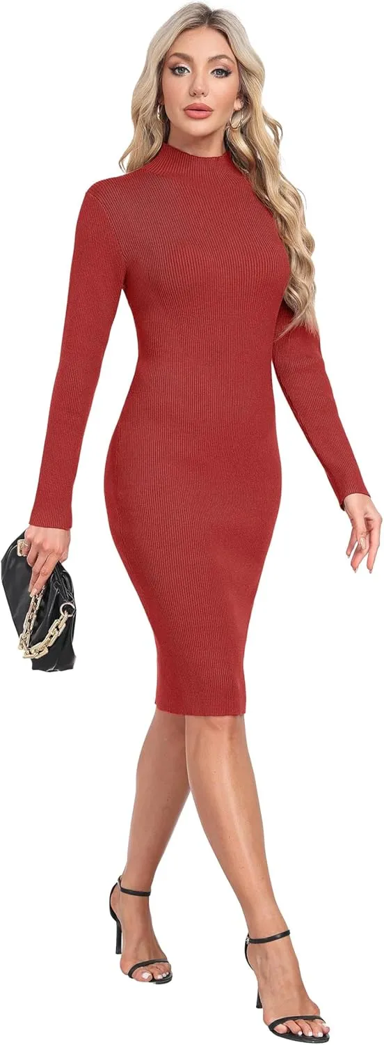 GRECERELLE Womens 2025 Fall & Winter Outfits Sweater Dress Mock Neck Long Sleeve Slim Fit Ribbed Knit Bodycon Midi Dress