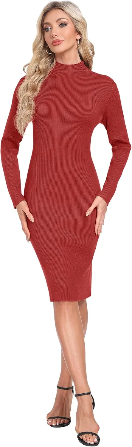 GRECERELLE Womens 2025 Fall & Winter Outfits Sweater Dress Mock Neck Long Sleeve Slim Fit Ribbed Knit Bodycon Midi Dress