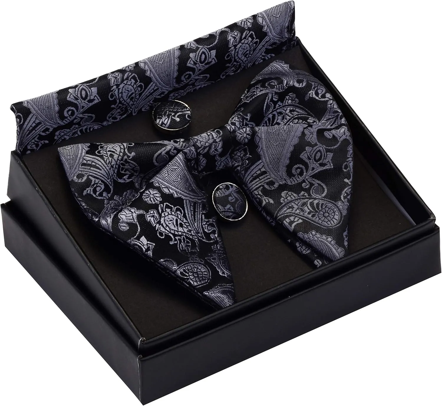 GUSLESON Fashion New Paisley Adjustable Pre-tied Big Bow Tie and Pocket Square Cufflink Set with Gift Box