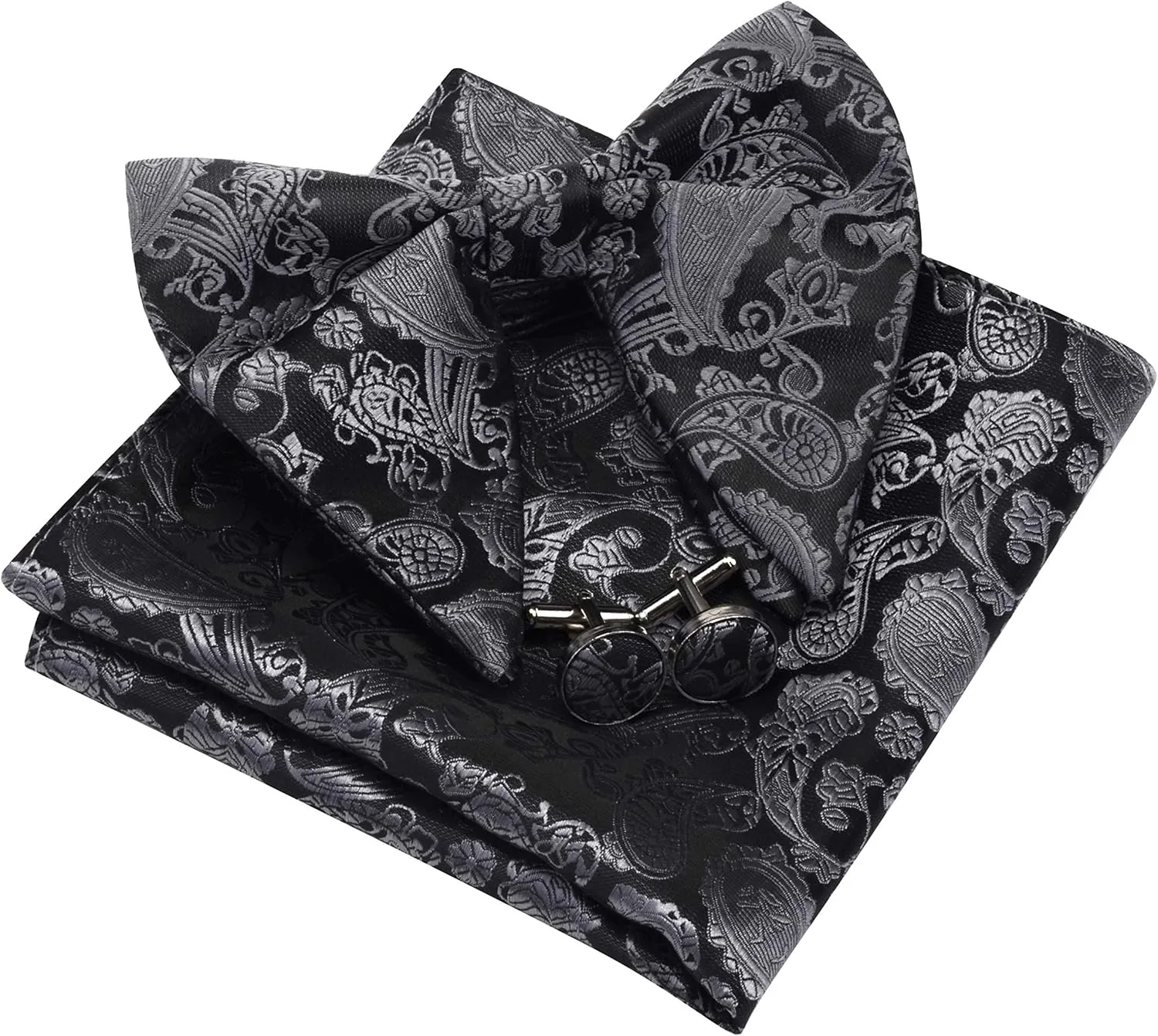 GUSLESON Fashion New Paisley Adjustable Pre-tied Big Bow Tie and Pocket Square Cufflink Set with Gift Box