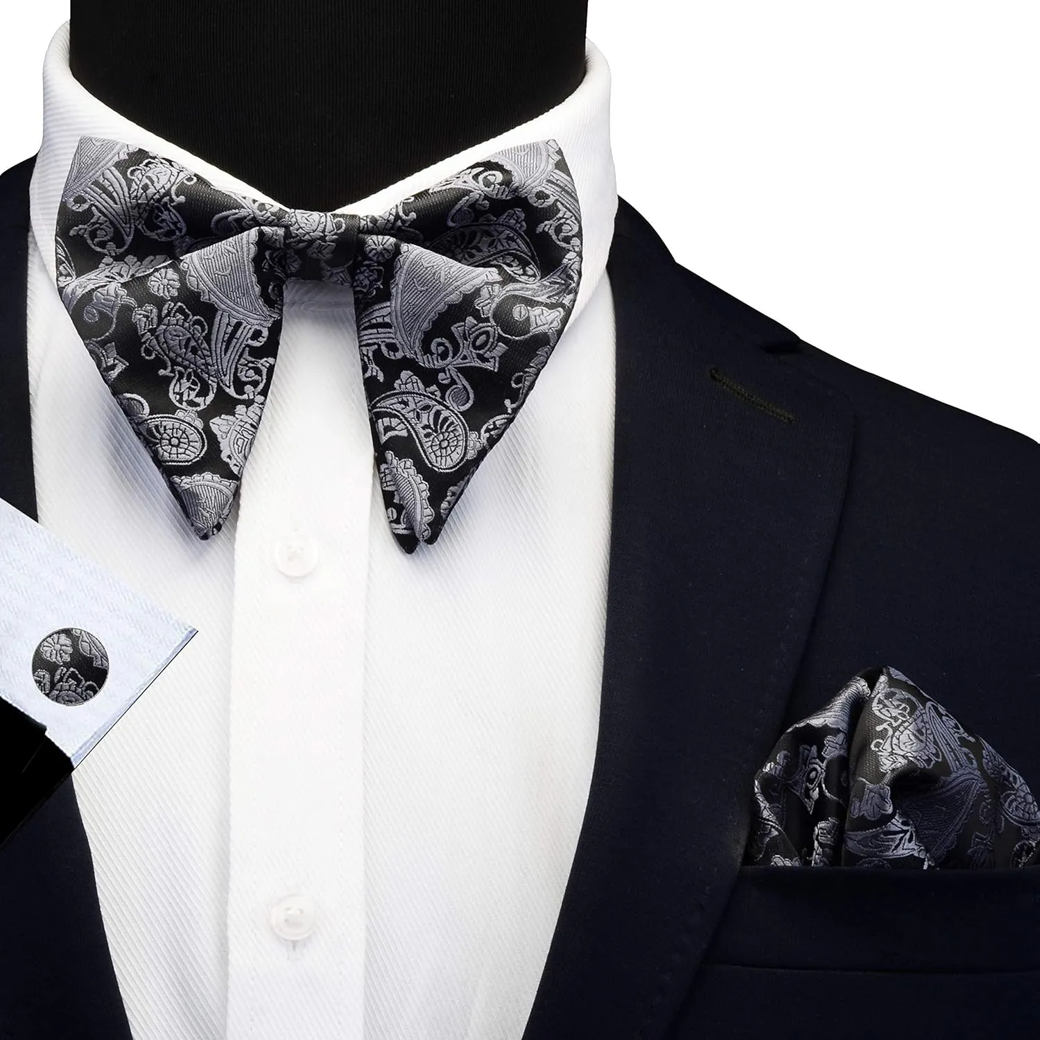 GUSLESON Fashion New Paisley Adjustable Pre-tied Big Bow Tie and Pocket Square Cufflink Set with Gift Box