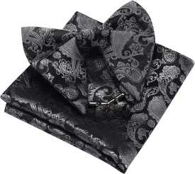 GUSLESON Fashion New Paisley Adjustable Pre-tied Big Bow Tie and Pocket Square Cufflink Set with Gift Box