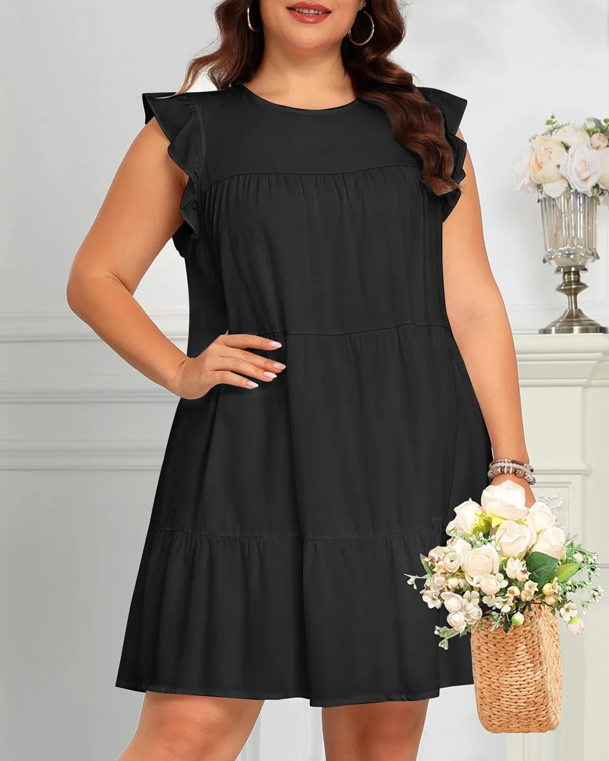 Holipick Women's Plus Size Summer Dresses Casual Short Dress Babydoll Ruffle Sleeve Swing Flowy Sleeveless Tunic Dress