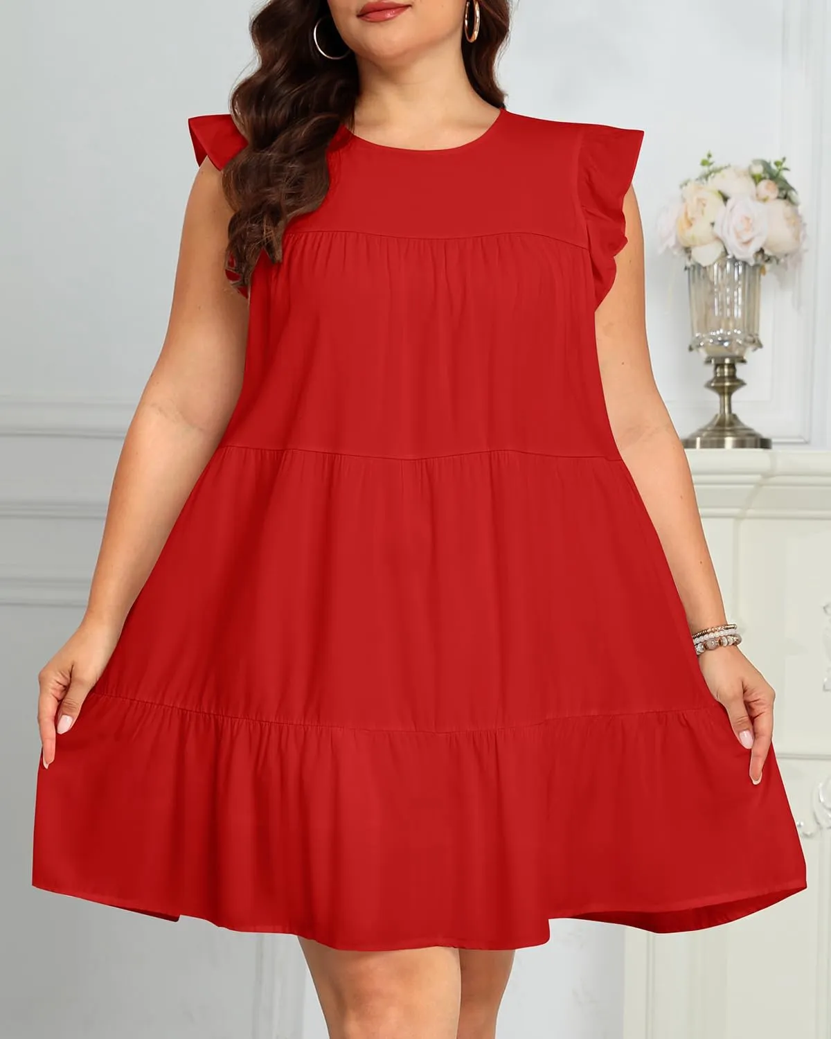Holipick Women's Plus Size Summer Dresses Casual Short Dress Babydoll Ruffle Sleeve Swing Flowy Sleeveless Tunic Dress