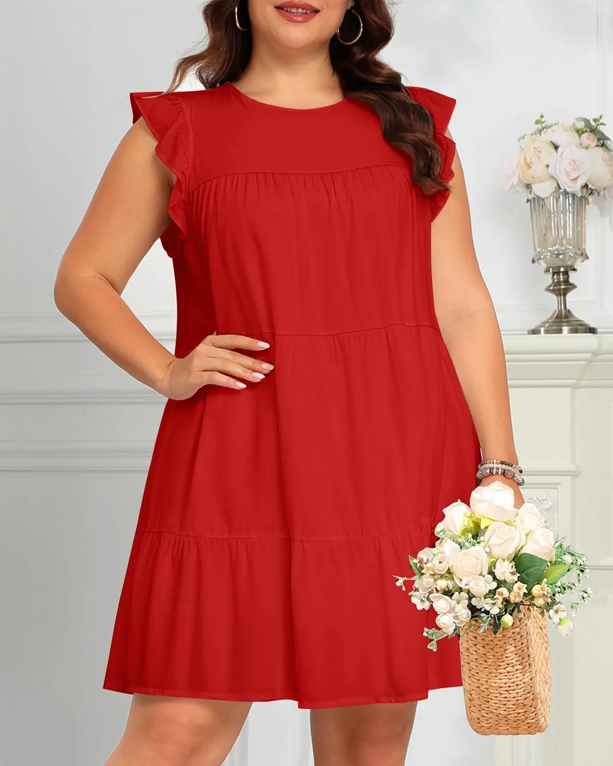 Holipick Women's Plus Size Summer Dresses Casual Short Dress Babydoll Ruffle Sleeve Swing Flowy Sleeveless Tunic Dress