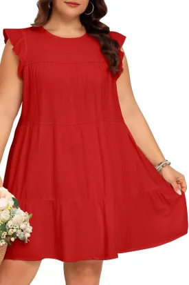 Holipick Women's Plus Size Summer Dresses Casual Short Dress Babydoll Ruffle Sleeve Swing Flowy Sleeveless Tunic Dress