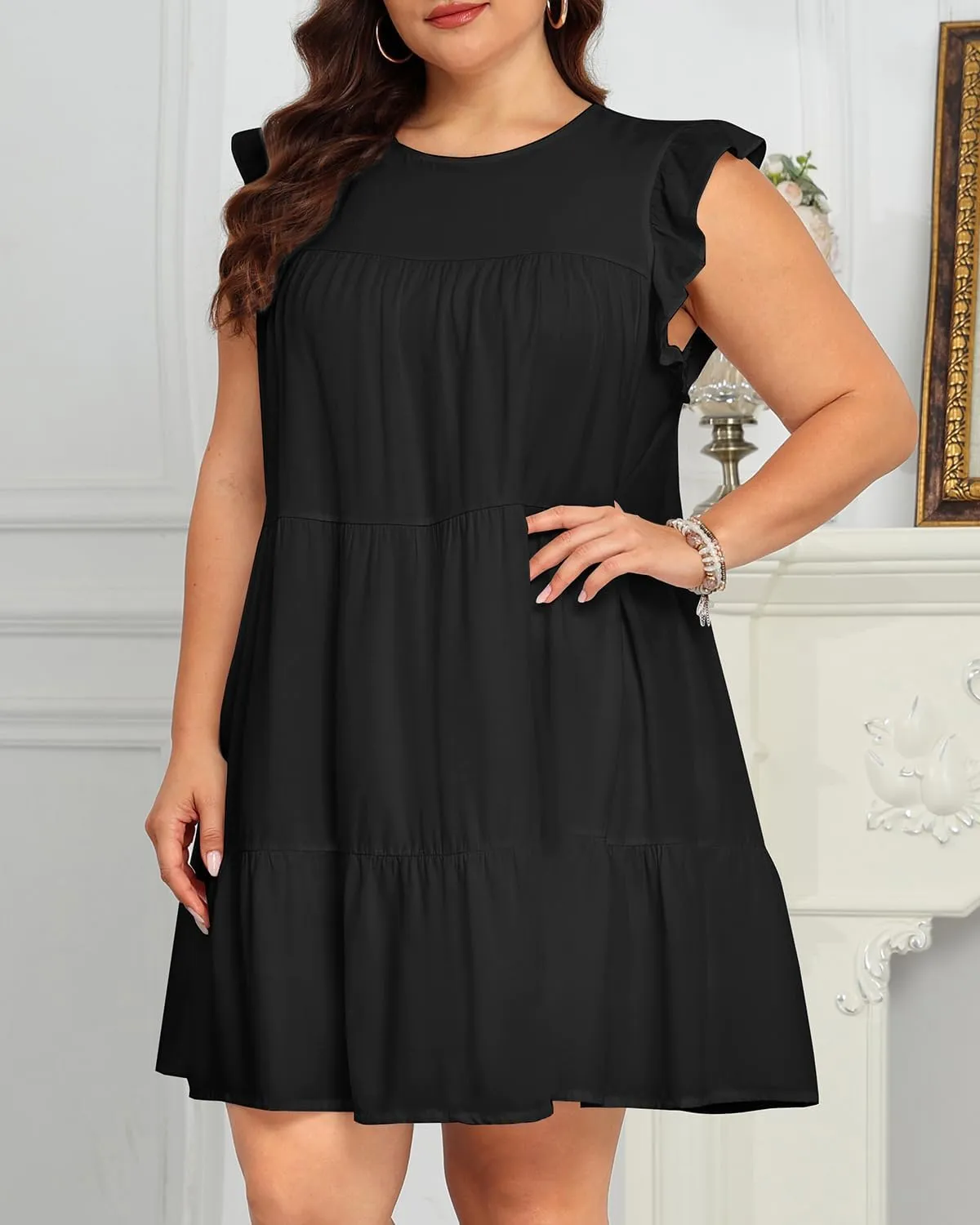 Holipick Women's Plus Size Summer Dresses Casual Short Dress Babydoll Ruffle Sleeve Swing Flowy Sleeveless Tunic Dress
