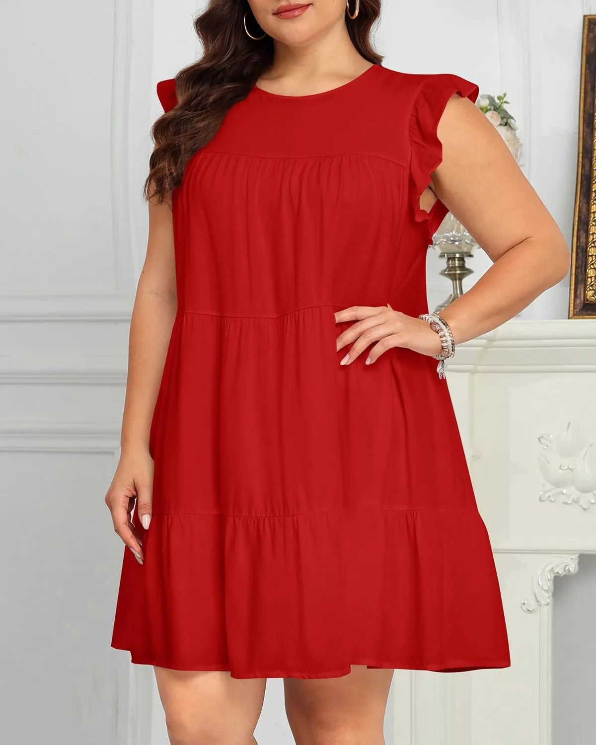 Holipick Women's Plus Size Summer Dresses Casual Short Dress Babydoll Ruffle Sleeve Swing Flowy Sleeveless Tunic Dress