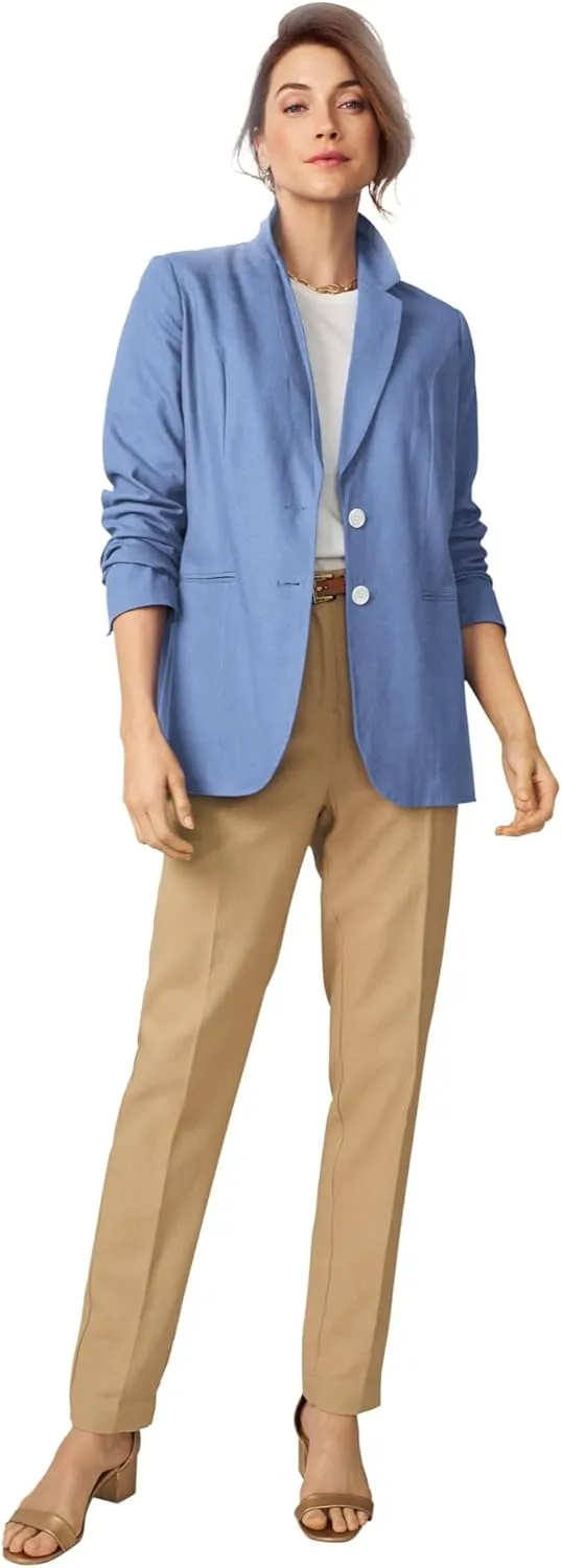 Jessica London Women's Plus Size Casual Long Sleeve Linen Blazer Jacket with Pockets