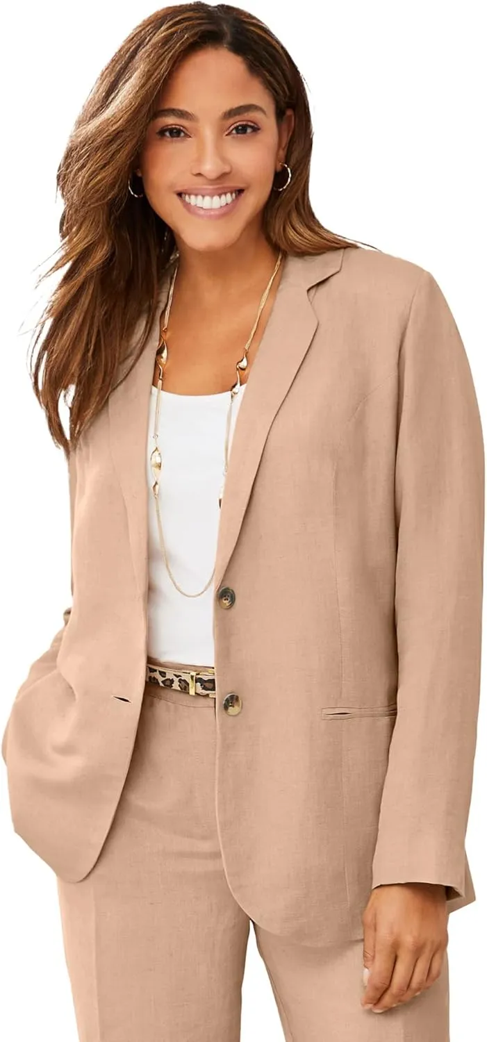 Jessica London Women's Plus Size Casual Long Sleeve Linen Blazer Jacket with Pockets