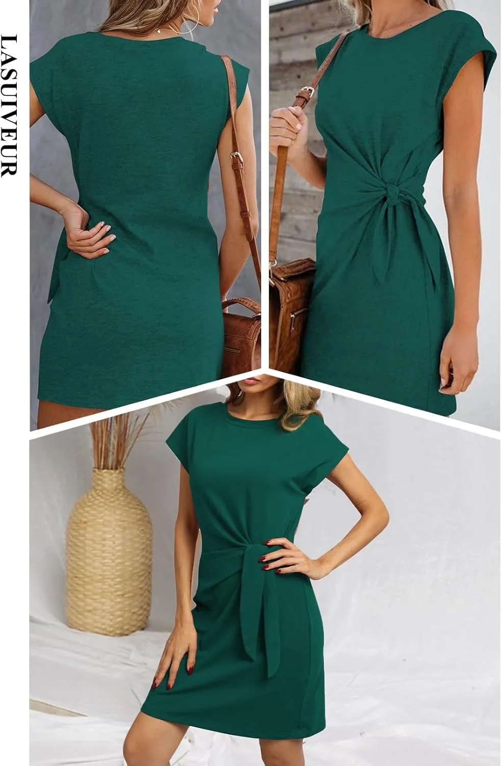 LaSuiveur Womens Casual Bodycon Tie Waist Cap Sleeve Cotton T Shirt Dress
