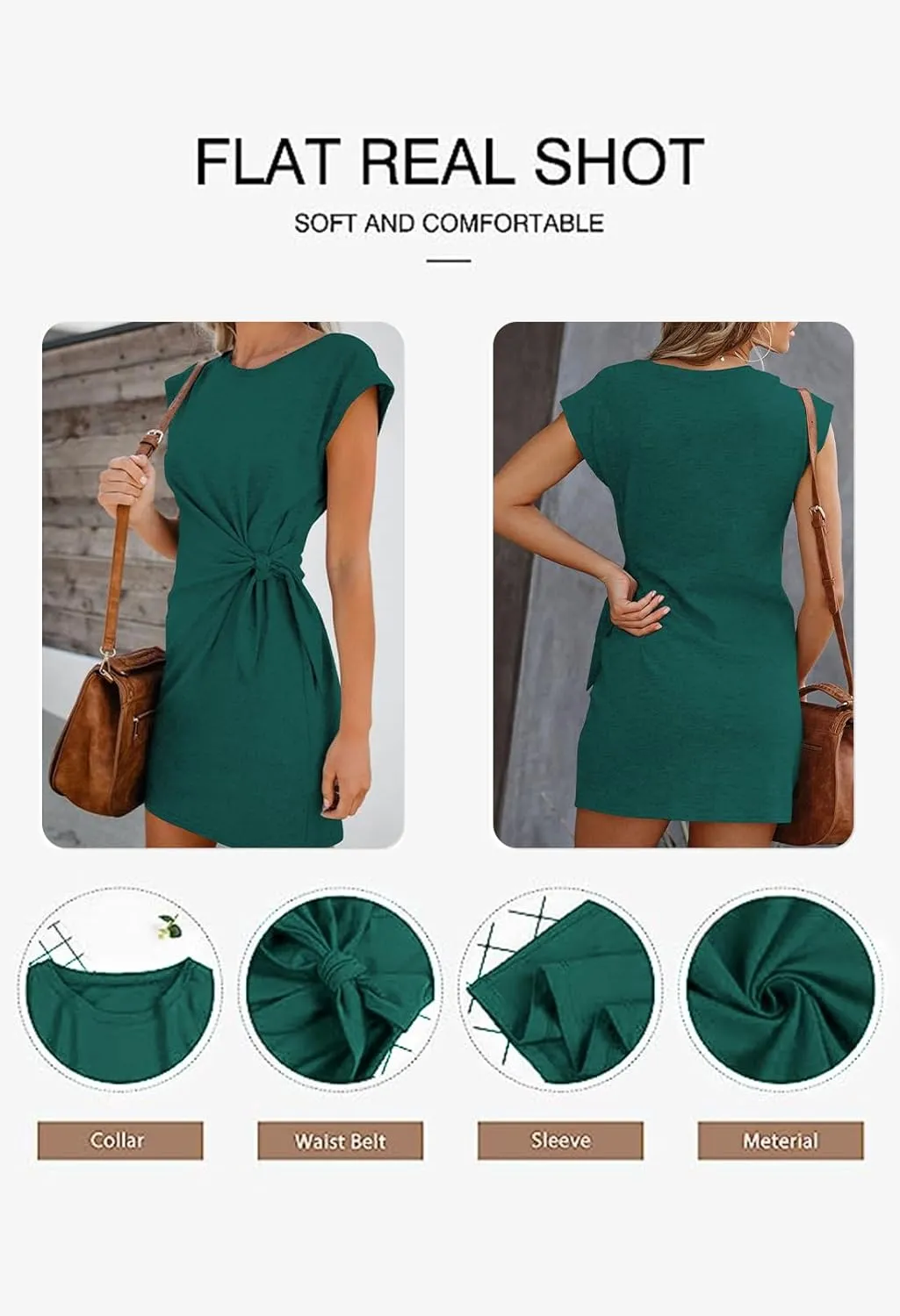 LaSuiveur Womens Casual Bodycon Tie Waist Cap Sleeve Cotton T Shirt Dress