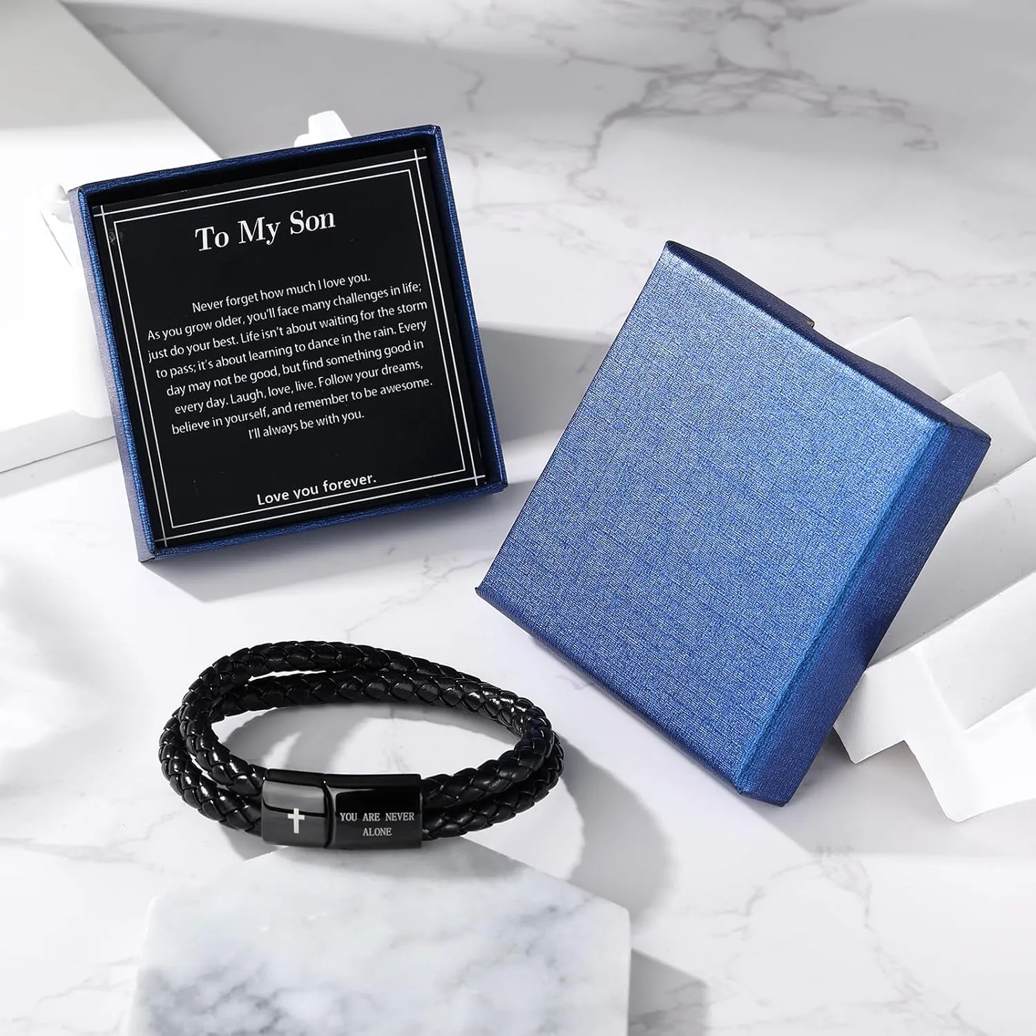 Leather Cross Bracelet for Men Christian Bible Verse Black Stainless Steel Bracelet, Inspirational Birthday Christian Graduation Gifts Ideas for Soulmate Boyfriend Man Dad Husband Grandson Son