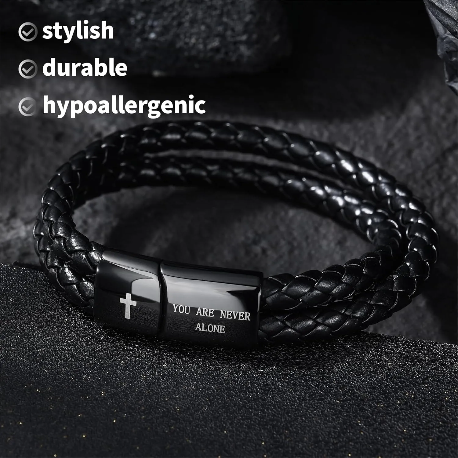 Leather Cross Bracelet for Men Christian Bible Verse Black Stainless Steel Bracelet, Inspirational Birthday Christian Graduation Gifts Ideas for Soulmate Boyfriend Man Dad Husband Grandson Son