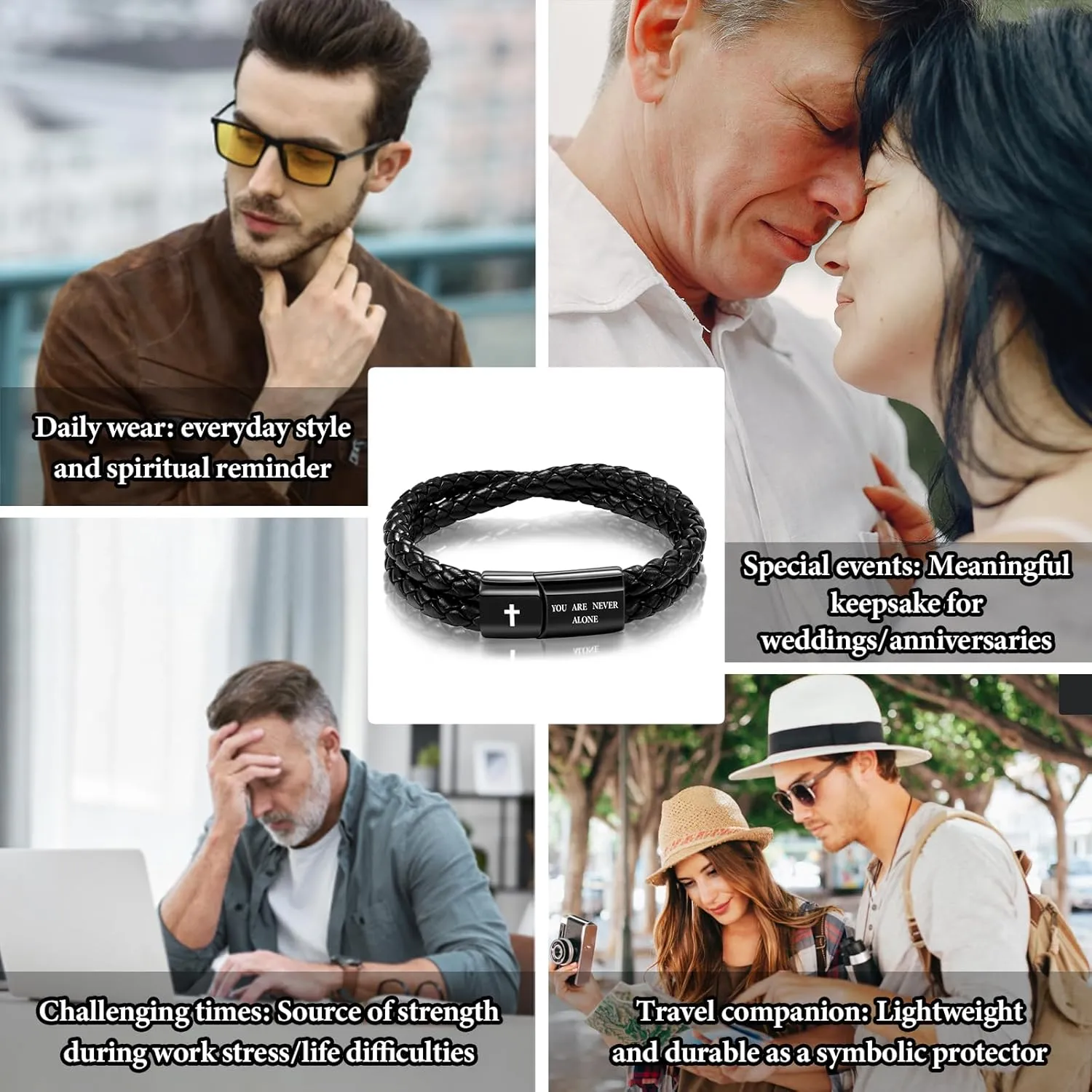 Leather Cross Bracelet for Men Christian Bible Verse Black Stainless Steel Bracelet, Inspirational Birthday Christian Graduation Gifts Ideas for Soulmate Boyfriend Man Dad Husband Grandson Son
