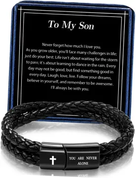 Leather Cross Bracelet for Men Christian Bible Verse Black Stainless Steel Bracelet, Inspirational Birthday Christian Graduation Gifts Ideas for Soulmate Boyfriend Man Dad Husband Grandson Son