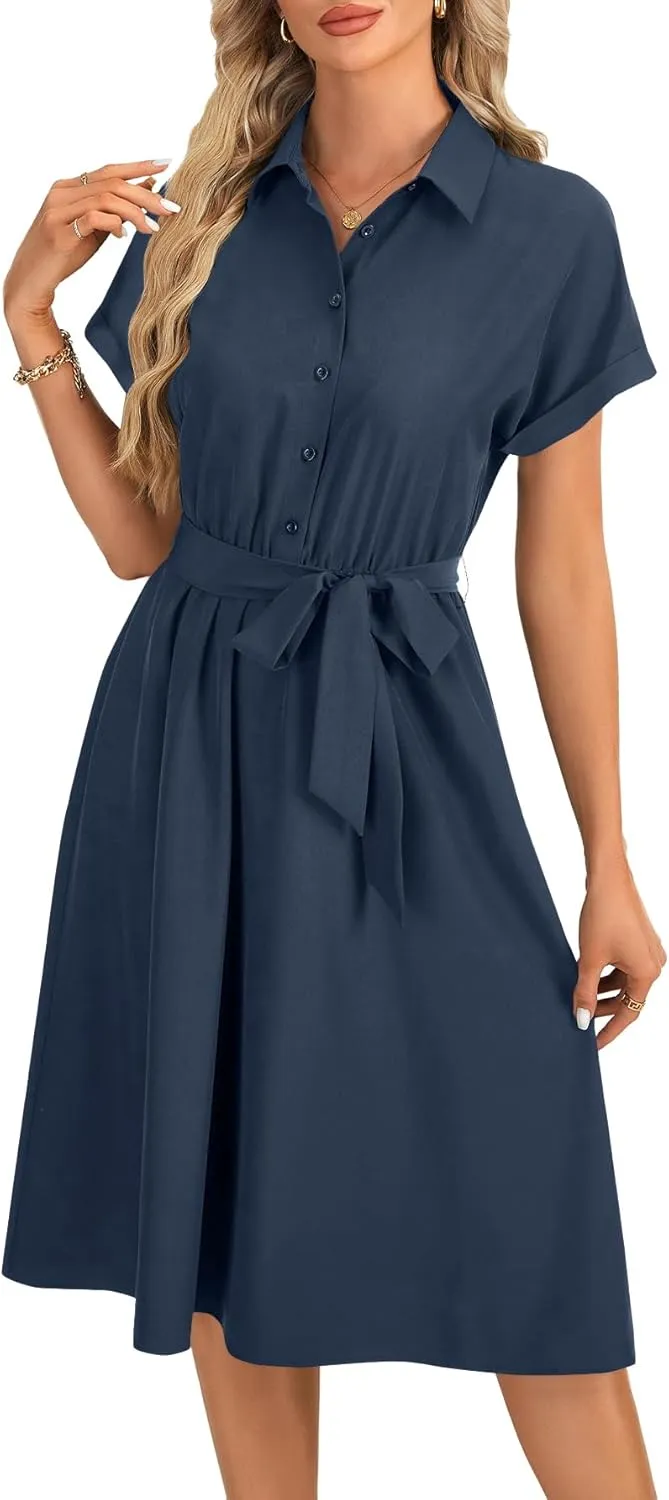 LYANER Women's Collar V Neck Button Front Tie Waist Short Sleeve Ruffle Hem Midi Dress