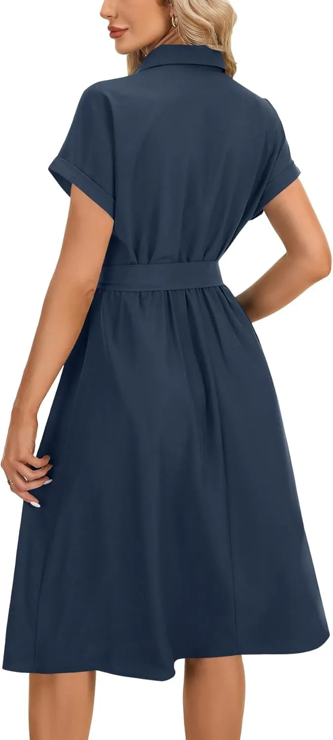 LYANER Women's Collar V Neck Button Front Tie Waist Short Sleeve Ruffle Hem Midi Dress