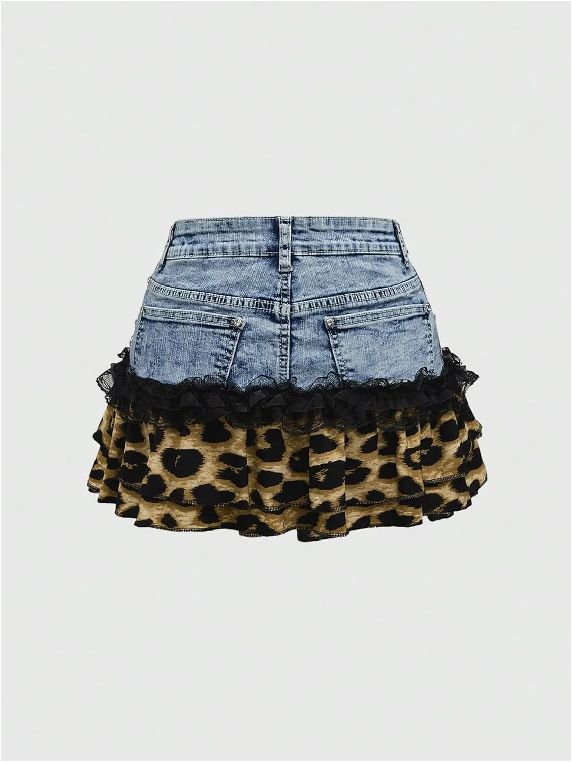 MakeMeChic Women's Leopard Print Denim Mini Skirt Ruffle Tiered Lace Trim A Line Y2K Jean Skirts