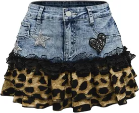 MakeMeChic Women's Leopard Print Denim Mini Skirt Ruffle Tiered Lace Trim A Line Y2K Jean Skirts