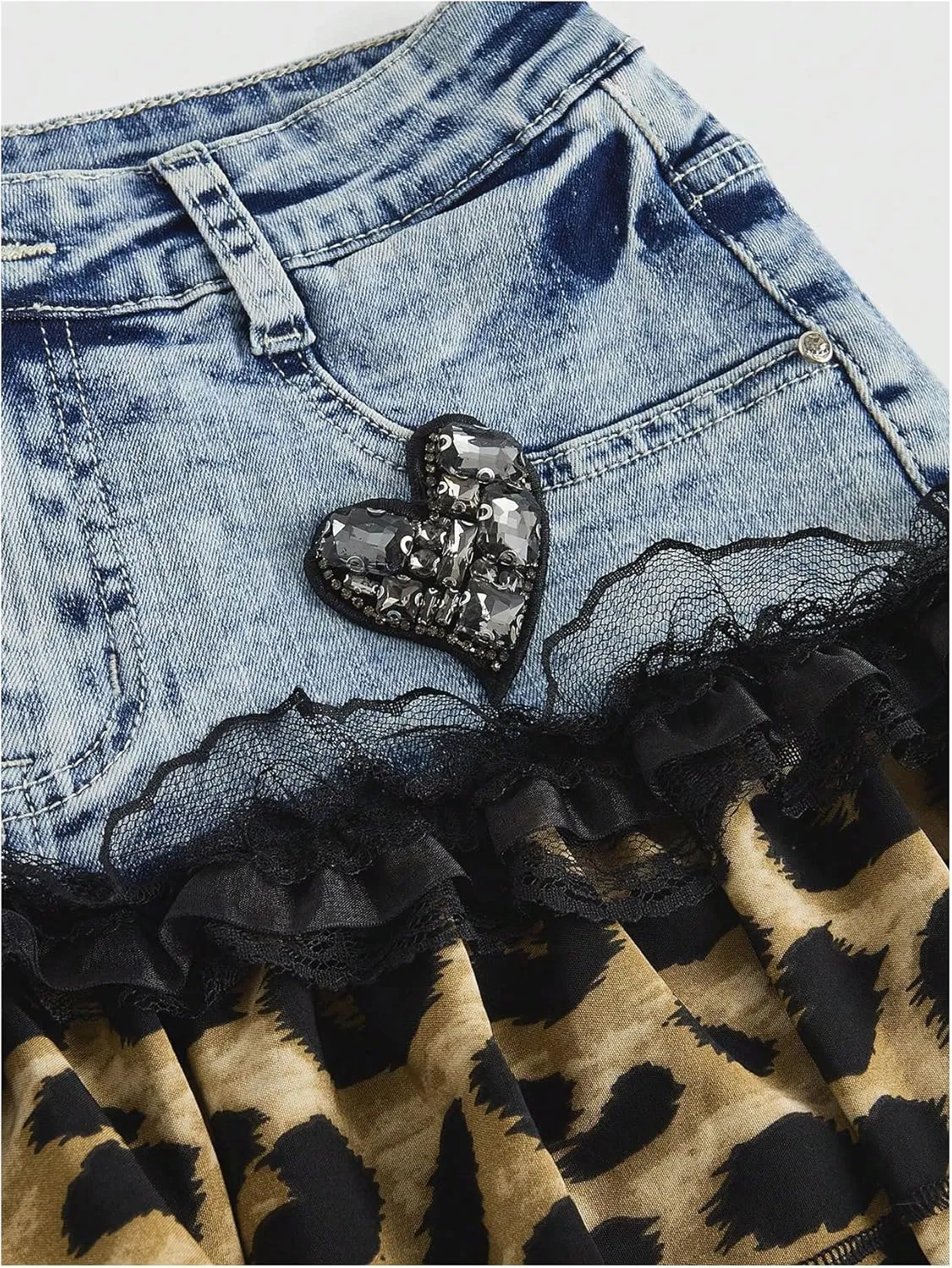 MakeMeChic Women's Leopard Print Denim Mini Skirt Ruffle Tiered Lace Trim A Line Y2K Jean Skirts