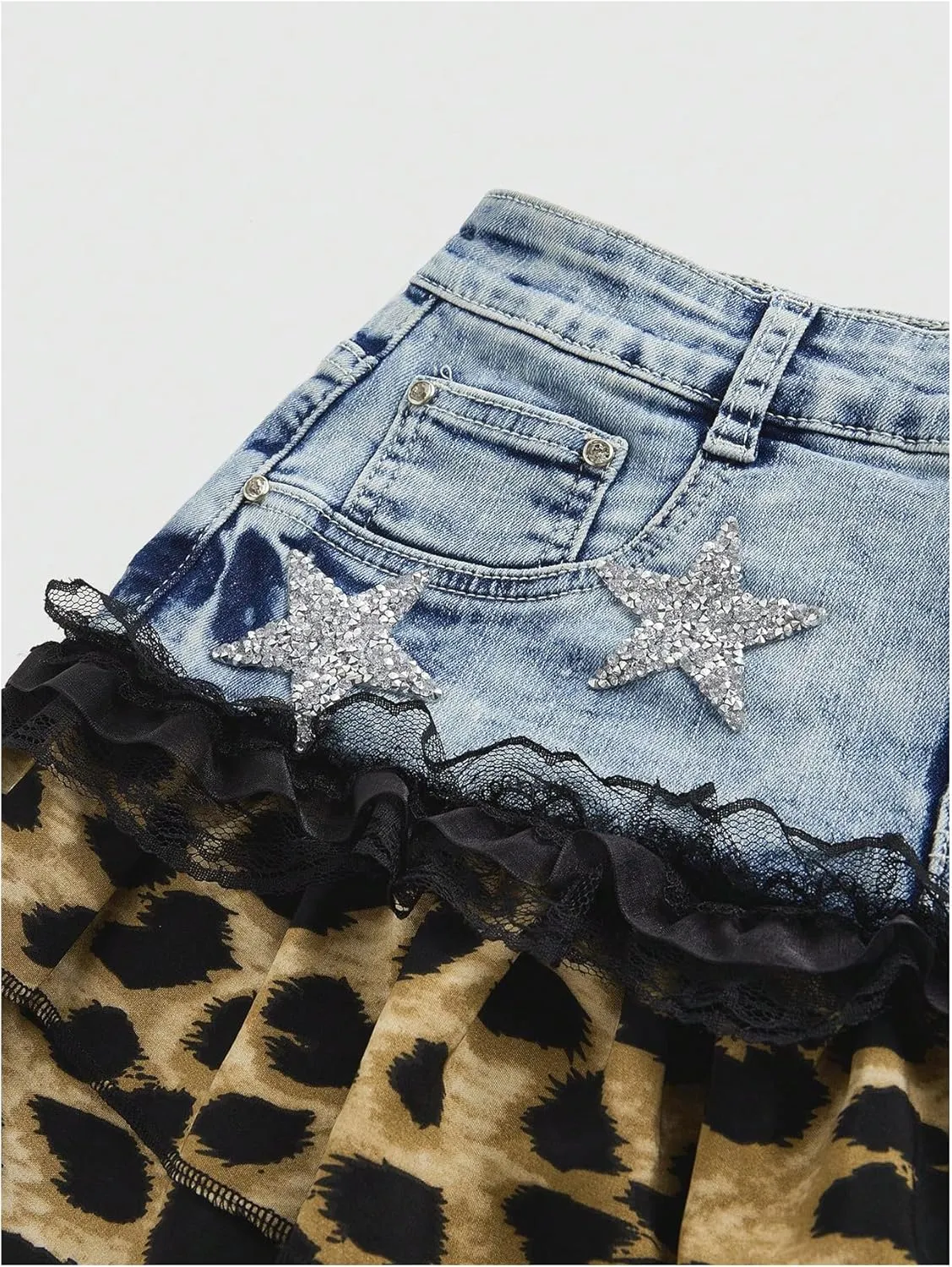 MakeMeChic Women's Leopard Print Denim Mini Skirt Ruffle Tiered Lace Trim A Line Y2K Jean Skirts