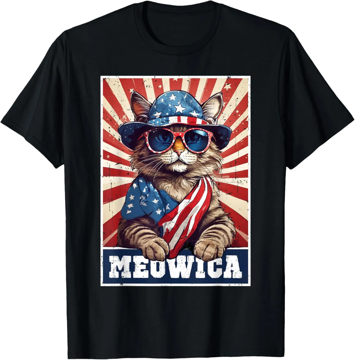 Meowica 4th of July Cat American Flag Cat Funny 4th of July T-Shirt