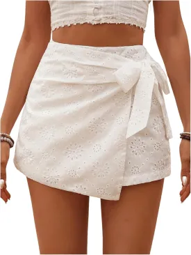 Milumia Women's Summer Wrap Tie Skirt Eyelet Knot Side Boho High Waist Skirts Shorts Skort