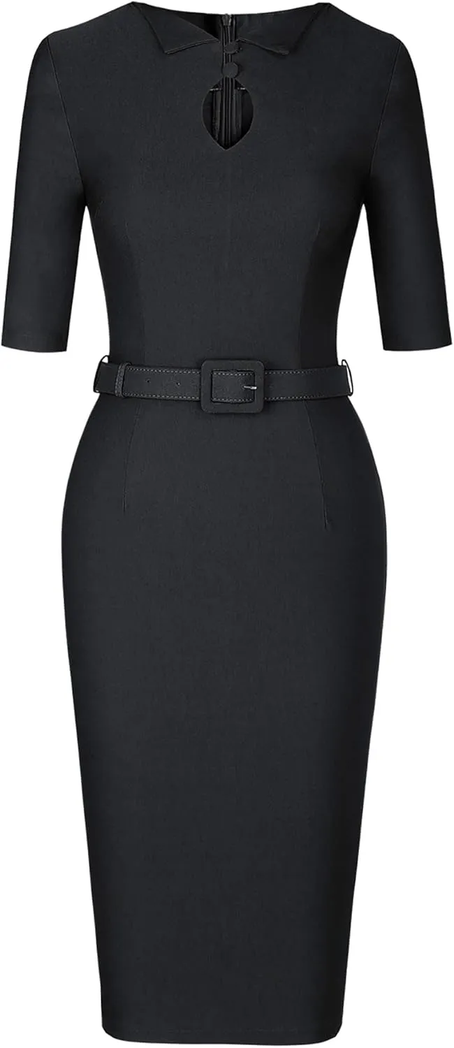 MUXXN Women's Audrey Hepburn 1960s Half Sleeve Formal Work Dress with Belt