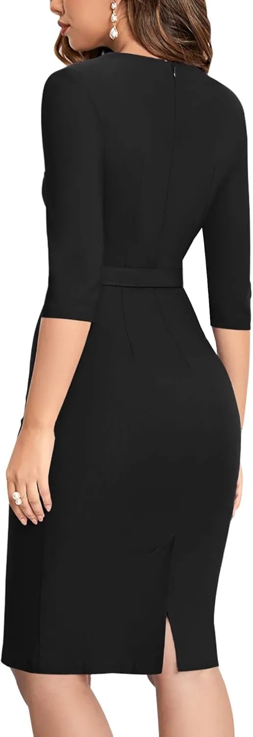 MUXXN Women's Audrey Hepburn 1960s Half Sleeve Formal Work Dress with Belt