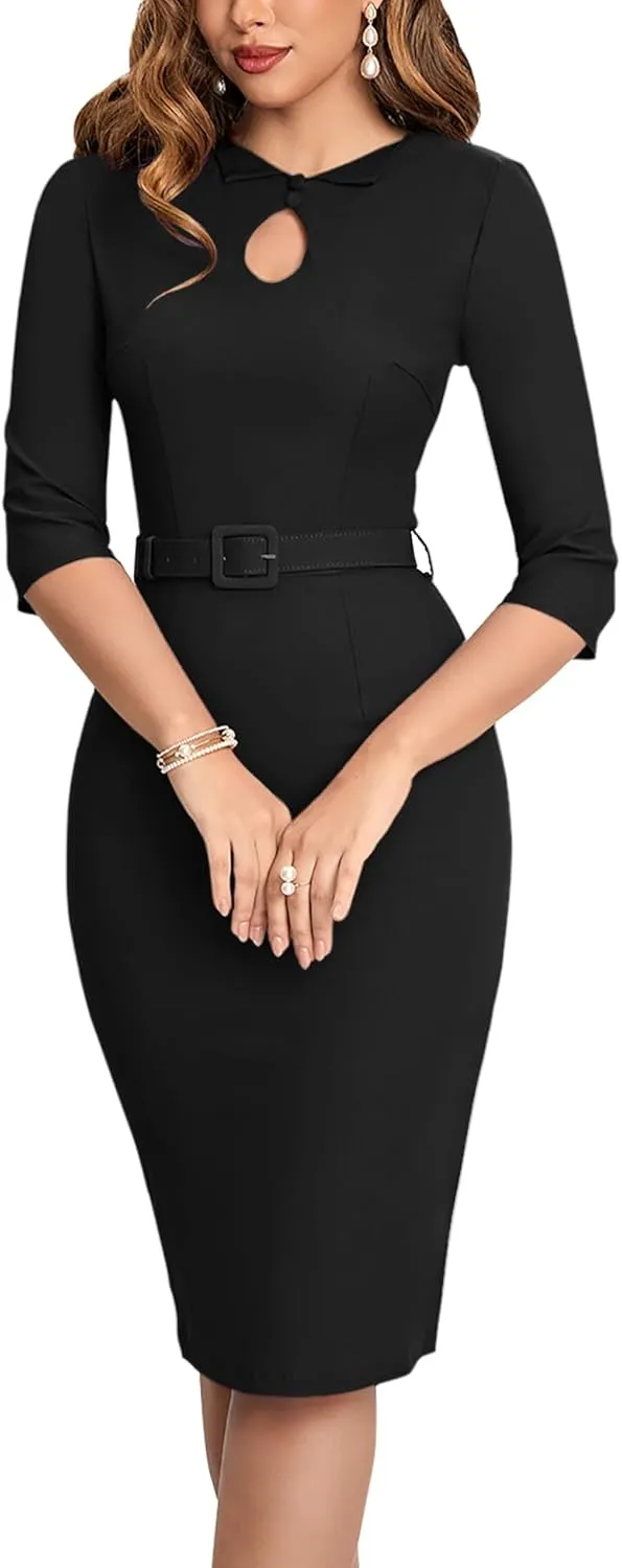 MUXXN Women's Audrey Hepburn 1960s Half Sleeve Formal Work Dress with Belt