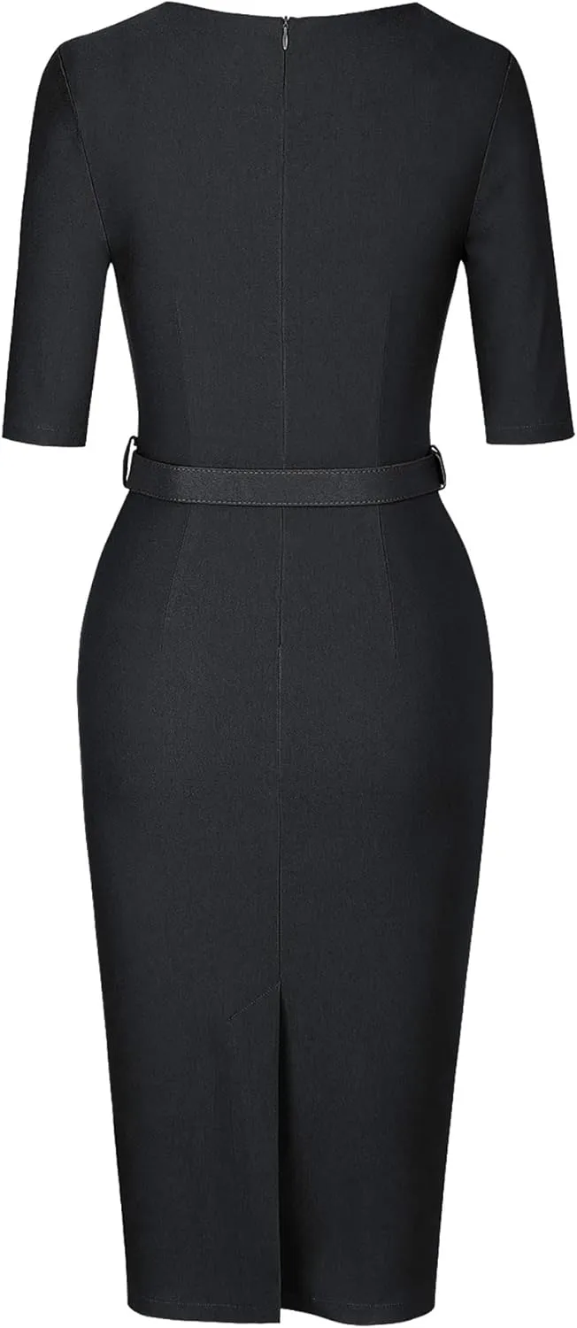 MUXXN Women's Audrey Hepburn 1960s Half Sleeve Formal Work Dress with Belt