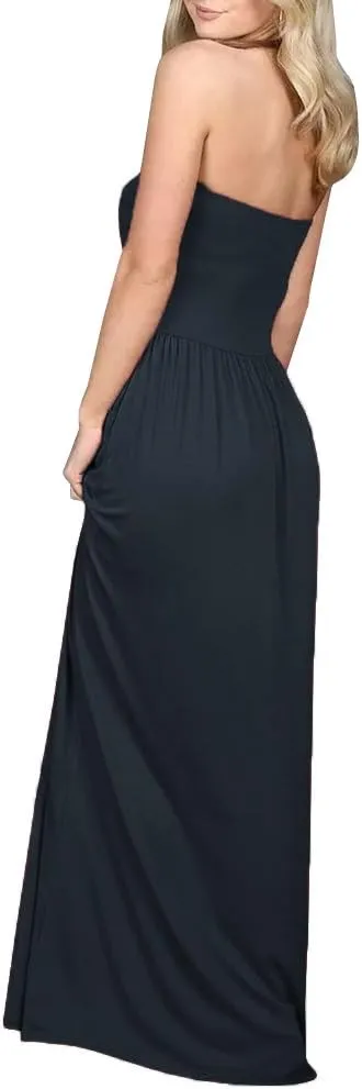 Ofenbuy Womens Off The Shoulder Maxi Dresses Summer Strapless Bandeau Long Dress with Pockets