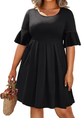 Pinup Fashion Women's Plus Size Bell Sleeve Round Neck Casual Summer Knit Babydoll Swing Sundress Pockets