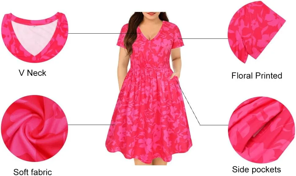 RITERA Plus Size Dresses for Curvy Women Summer Spring Womens Dress V Neck Short Sleeve Casual Dress with Pockets XL-5XL