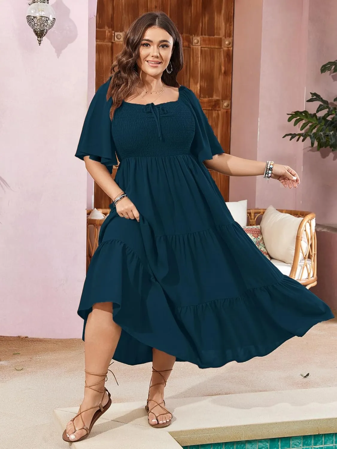 SCOMCHIC Women's Plus Size Flowy Maxi Dress Flutter Short Sleeve Boho Dress Square Neck Smocked Formal Dresses for Women
