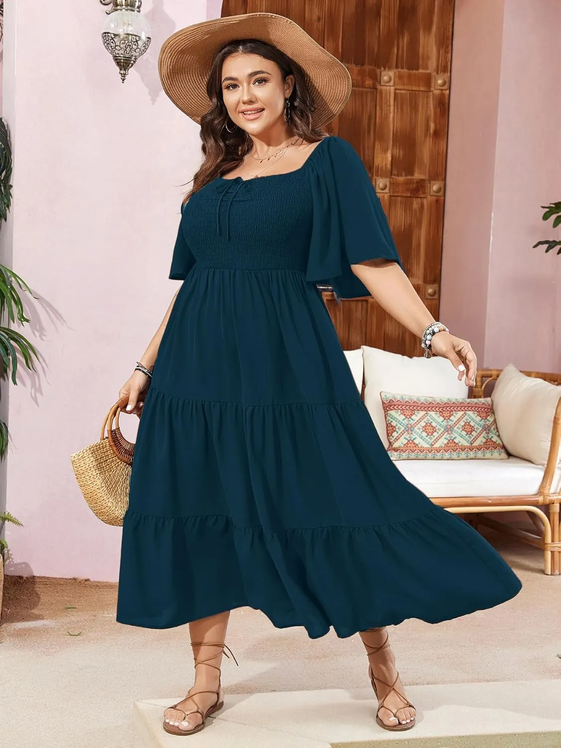 SCOMCHIC Women's Plus Size Flowy Maxi Dress Flutter Short Sleeve Boho Dress Square Neck Smocked Formal Dresses for Women