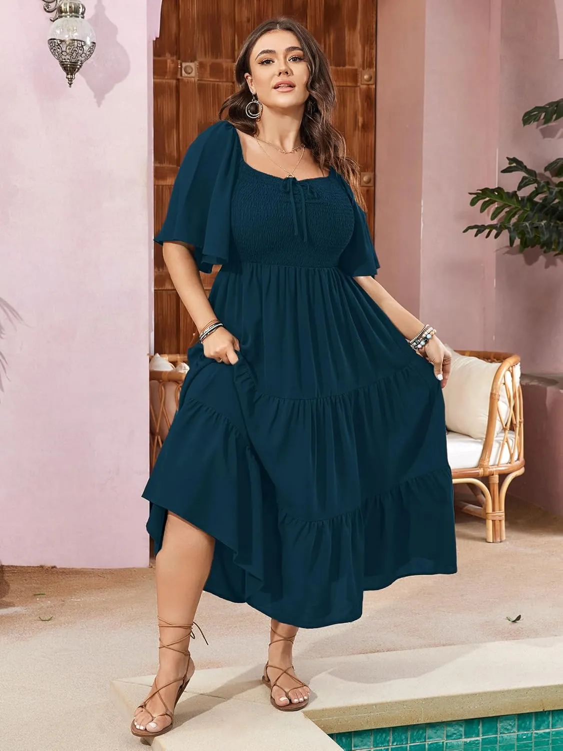SCOMCHIC Women's Plus Size Flowy Maxi Dress Flutter Short Sleeve Boho Dress Square Neck Smocked Formal Dresses for Women