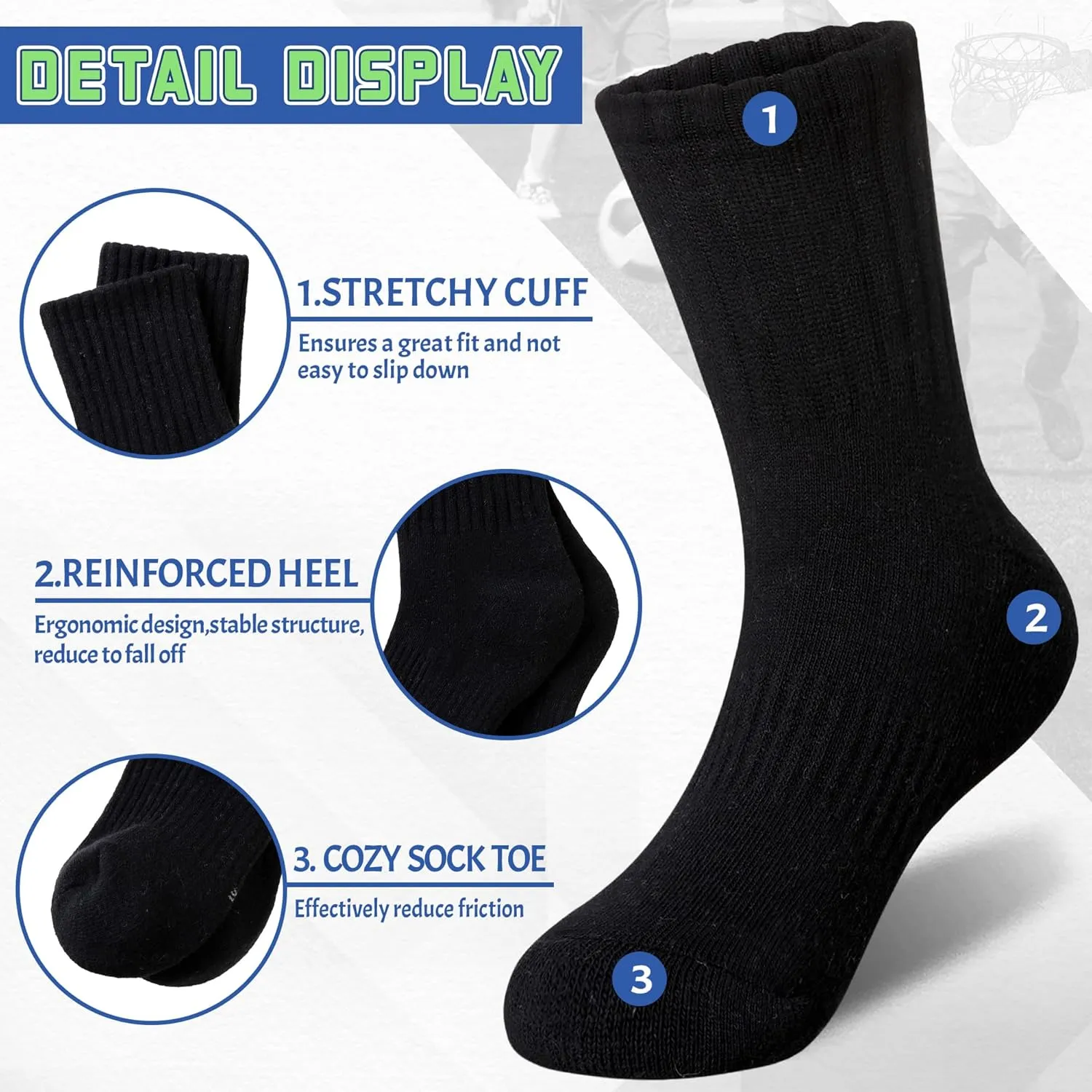 SeeyAN Kids Socks Boys Crew Athletic Half Cushioned Cotton Sport Running Arch Support Breathable Socks 6 Pairs