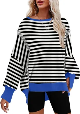 SHEWIN Womens Oversized Reverse Seam Sweatshirt Casual Long Sleeve Crewneck Lightweight Pullover Tops Loose Sweatshirts