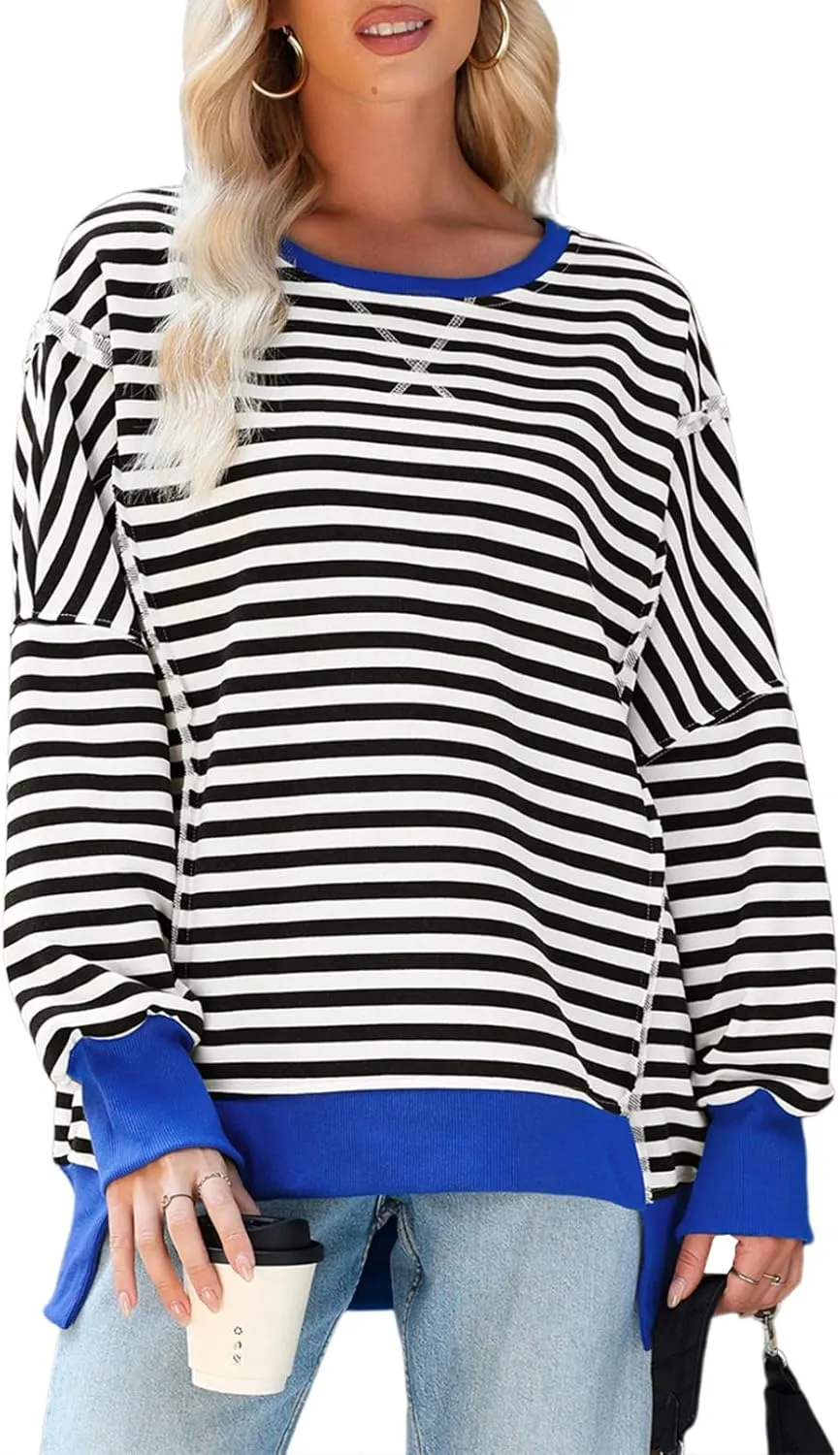 SHEWIN Womens Oversized Reverse Seam Sweatshirt Casual Long Sleeve Crewneck Lightweight Pullover Tops Loose Sweatshirts