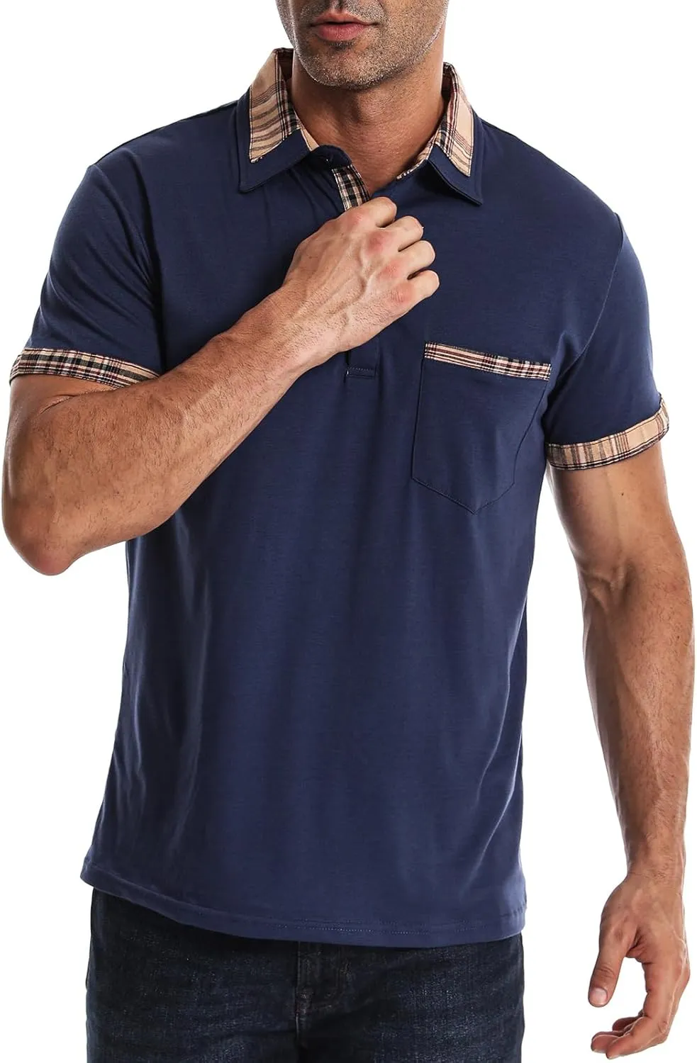 Suwangi Men's Polo Shirts Classic Button Basic Short Sleeve Shirt Casual Color Block Tees with Pocket Golf Stylish Tops